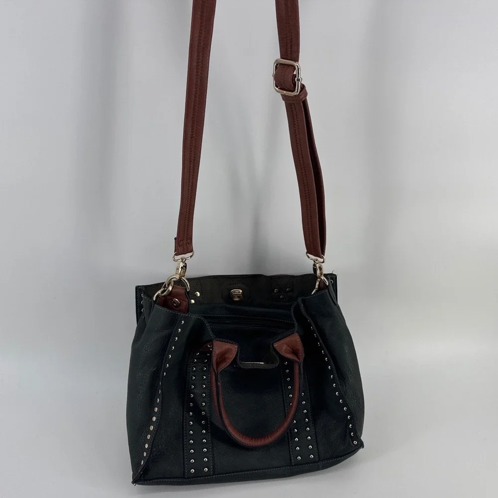 Black Rivet Women Satchel Handbag Black Brown Studded Crossbody Gold Hardware